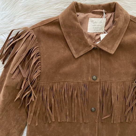 Rylee + Cru Tan Cropped Button Front Faux Suede Fringe Jacket Rust 12-14Y - Picture 3 of 9